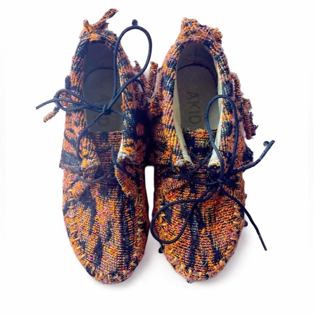 AKID Girls Woven Fringe Moccasins Orange Navy Lace Up Shoes Toddler Size 12